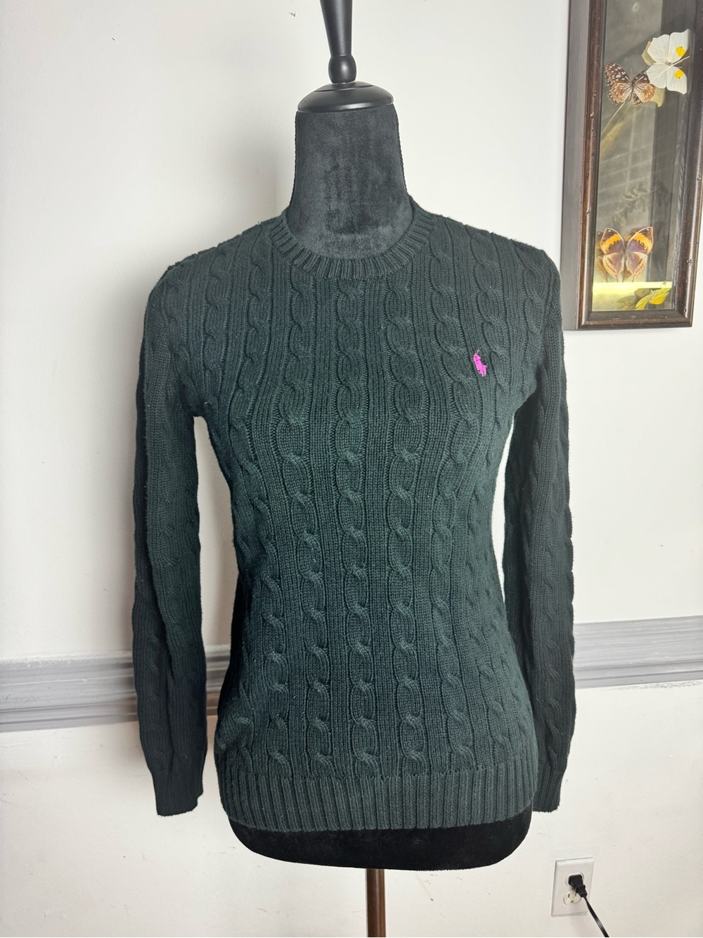 Ralph Lauren Sport Black Cable-Knit Crewneck Sweater with Pink Pony